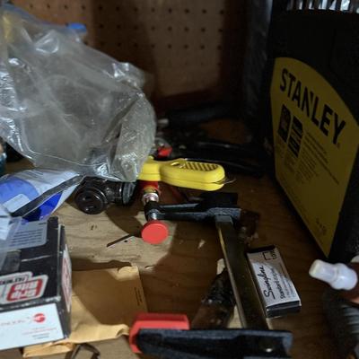Entire shelf full of hand tools including Stanley, boxes and more