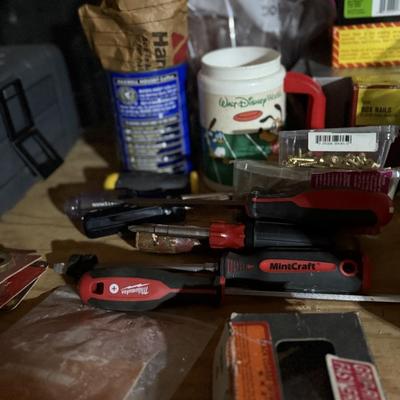 Entire shelf full of hand tools including Stanley, boxes and more