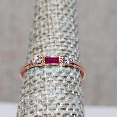 Size 8 Delicate RED Rectangle Stone Ring with Small Side Accents on a ROSE GOLD Band (1.2g)