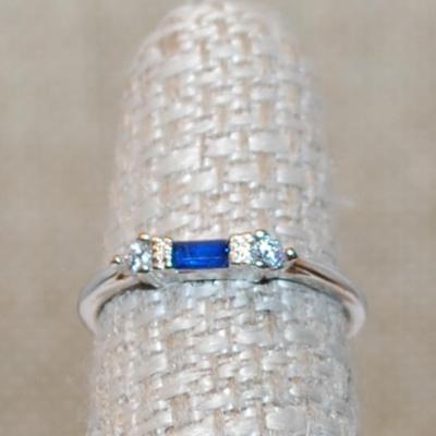 Size 6 Delicate BLUE Rectangle Stone Ring with 2 Round Clear Stone Sides on a Silver Band (1.2g)