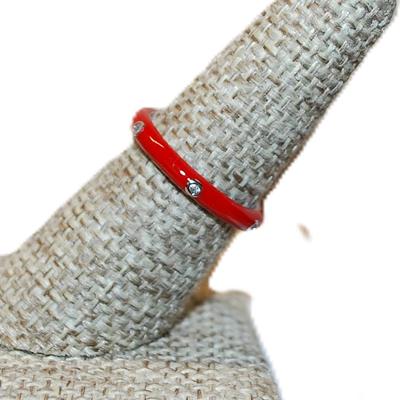 Size 8 Delicate RED Enamel Ring with 6 Accent Clear Stones on a Silver Tone Band (2.2g)
