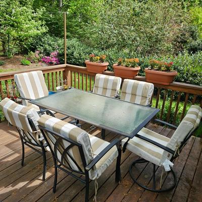 Rectangular Glass Top Patio Table w/ Six Chairs & Cushions (Y-JS)