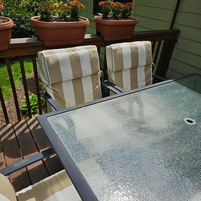 Rectangular Glass Top Patio Table w/ Six Chairs & Cushions (Y-JS)
