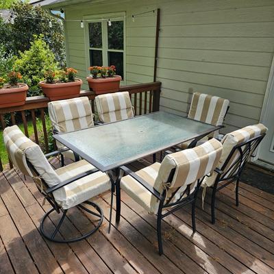 Rectangular Glass Top Patio Table w/ Six Chairs & Cushions (Y-JS)