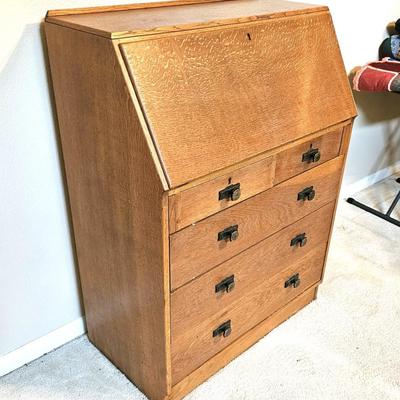 Antique Oak Secretary Desk with Slant-Front