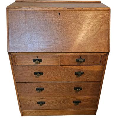 Antique Oak Secretary Desk with Slant-Front