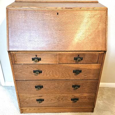 Antique Oak Secretary Desk with Slant-Front
