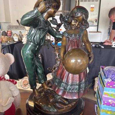 Auguste Moreau Bronze Girl & Boy 28" Bronze and Marble