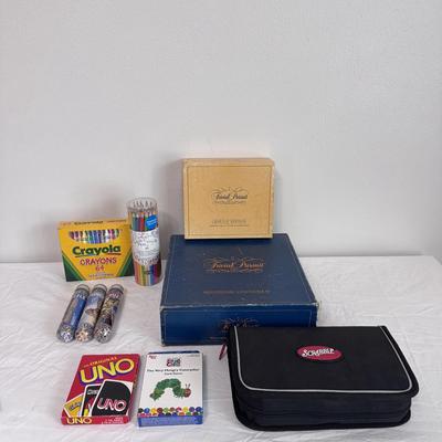 Collection of Games and Crafting Supplies Including Trivial Pursuit, Travel Scrabble, and Crayons (B1-DZ)
