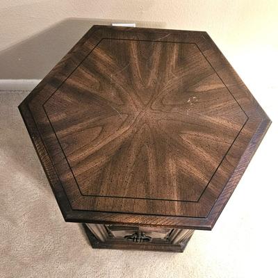 Vintage Hexagonal Side Table with Carved Detailing to include Gold Tone Lamp