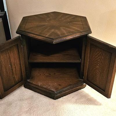 Vintage Hexagonal Side Table with Carved Detailing to include Gold Tone Lamp