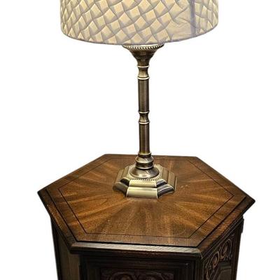 Vintage Hexagonal Side Table with Carved Detailing to include Gold Tone Lamp