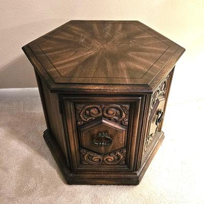 Vintage Hexagonal Side Table with Carved Detailing to include Gold Tone Lamp