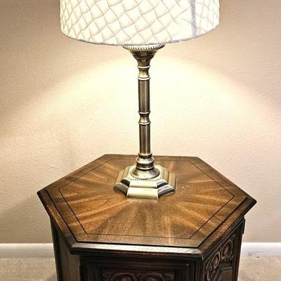 Vintage Hexagonal Side Table with Carved Detailing to include Gold Tone Lamp