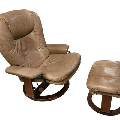 BEIGE LEATHER PALLISER RECLINER CHAIR AND OTTOMAN