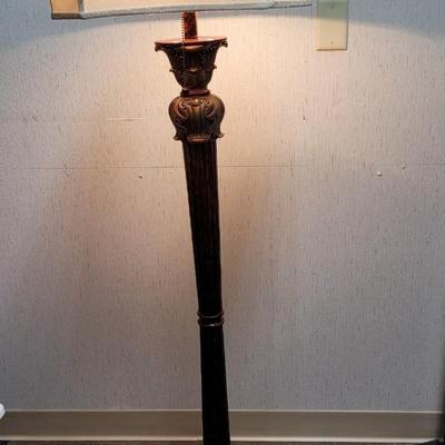 Sale Photo Thumbnail #33: Beautiful mid-century classical floor lamp in pristine condition.
Carved wood base, silk lamp shade
60 inches tall, base is 11 inches square 
Retails at $1000 to $1300