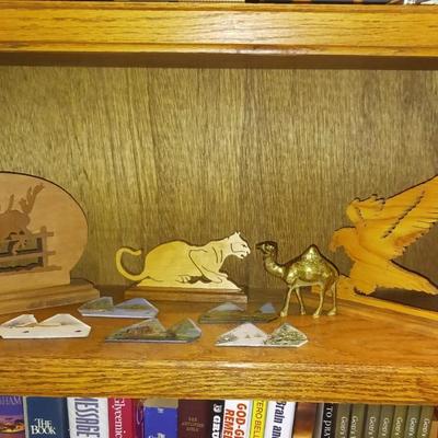 BRASS AND WOOD ANIMAL FIGURES AND HAND PAINTED FARMING BLADES