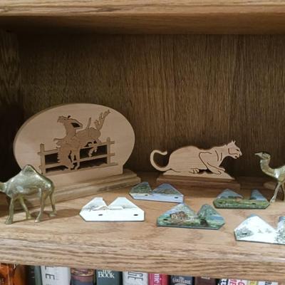 BRASS AND WOOD ANIMAL FIGURES AND HAND PAINTED FARMING BLADES