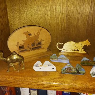 BRASS AND WOOD ANIMAL FIGURES AND HAND PAINTED FARMING BLADES