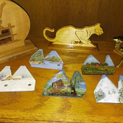 BRASS AND WOOD ANIMAL FIGURES AND HAND PAINTED FARMING BLADES