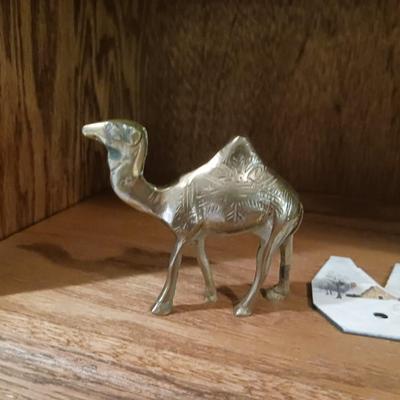 BRASS AND WOOD ANIMAL FIGURES AND HAND PAINTED FARMING BLADES