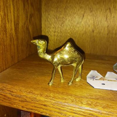 BRASS AND WOOD ANIMAL FIGURES AND HAND PAINTED FARMING BLADES