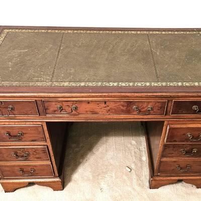 Vintage Mahogany Georgian Partners Desk with Green Tooled Leather Top including Matching Chair