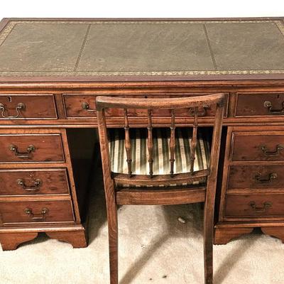 Vintage Mahogany Georgian Partners Desk with Green Tooled Leather Top including Matching Chair