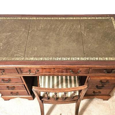 Vintage Mahogany Georgian Partners Desk with Green Tooled Leather Top including Matching Chair