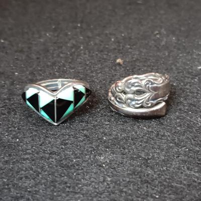 STERLING SILVER SPOON (6) RING AND TURQUOISE AND STERLING RING (7 1/4)
