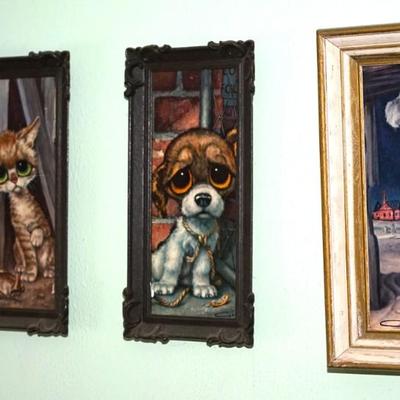 1960'S GROUPING OF FOUR BIG EYES PRINTS OF THREE PUPPIES AND KITTY FRAMED