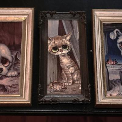 1960'S GROUPING OF FOUR BIG EYES PRINTS OF THREE PUPPIES AND KITTY FRAMED