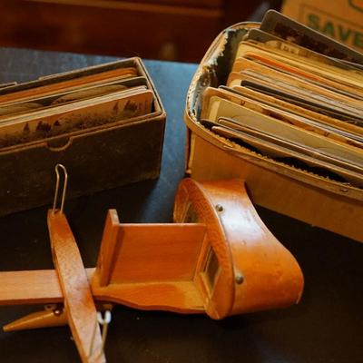 EARLY 1900'S BIRDS EYE MAPLE STEREO OPTIC VIEWER W/CARDS ( 40 )