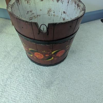 Primitive Wooden Maple Syrup Bucket Hand Painted Floral Sap Folk Art (BR1)