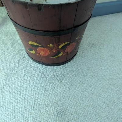 Primitive Wooden Maple Syrup Bucket Hand Painted Floral Sap Folk Art (BR1)
