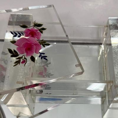 1950’s Pressed Flower Lucite Vanity Set - Lucite Mirrored Tray, Hair Brush, Handheld Mirror and Lidded Vanity Trinket Box