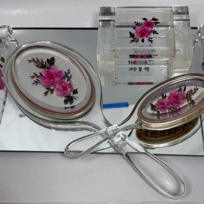1950’s Pressed Flower Lucite Vanity Set - Lucite Mirrored Tray, Hair Brush, Handheld Mirror and Lidded Vanity Trinket Box