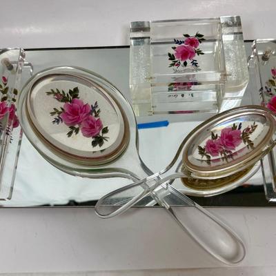 1950’s Pressed Flower Lucite Vanity Set - Lucite Mirrored Tray, Hair Brush, Handheld Mirror and Lidded Vanity Trinket Box