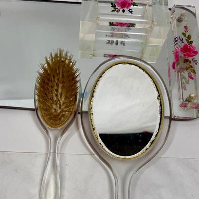 1950’s Pressed Flower Lucite Vanity Set - Lucite Mirrored Tray, Hair Brush, Handheld Mirror and Lidded Vanity Trinket Box