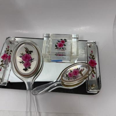1950’s Pressed Flower Lucite Vanity Set - Lucite Mirrored Tray, Hair Brush, Handheld Mirror and Lidded Vanity Trinket Box