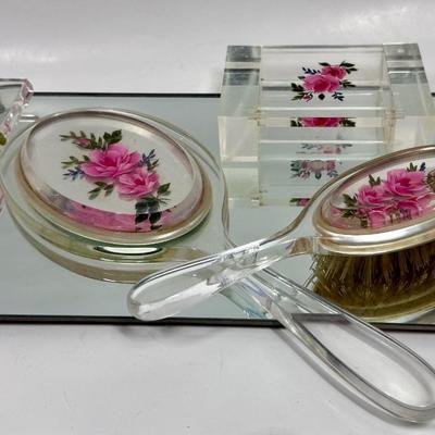 1950’s Pressed Flower Lucite Vanity Set - Lucite Mirrored Tray, Hair Brush, Handheld Mirror and Lidded Vanity Trinket Box