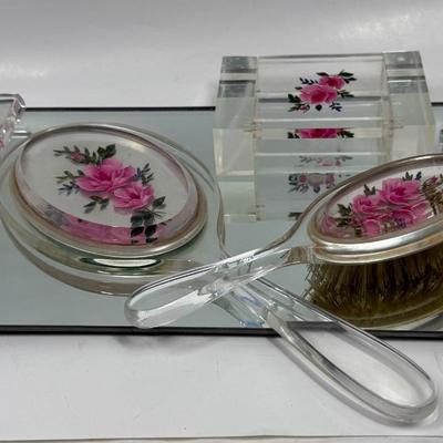 1950’s Pressed Flower Lucite Vanity Set - Lucite Mirrored Tray, Hair Brush, Handheld Mirror and Lidded Vanity Trinket Box