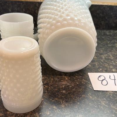 Vintage Hobnail Milk Glass Pitcher and Glass Set