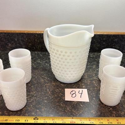 Vintage Hobnail Milk Glass Pitcher and Glass Set