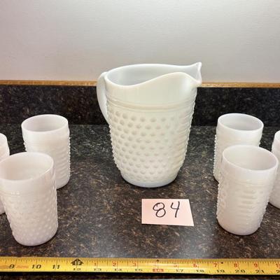 Vintage Hobnail Milk Glass Pitcher and Glass Set