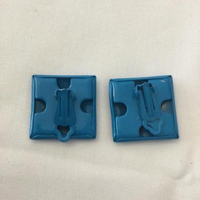 80s Vintage metal blue enamel square clip on earrings