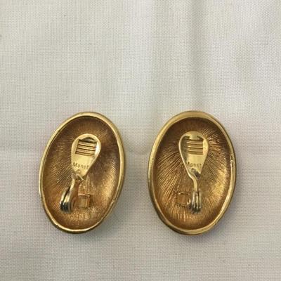 Vintage Monet, Red cream enameled, oval clip on earrings