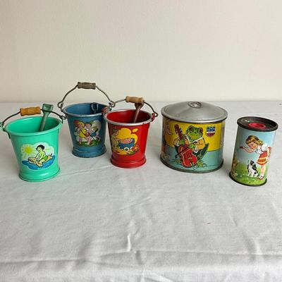 D927 J. Chein Toys, Small Mini Pails, Pencil Sharpener & Metal Lithograph