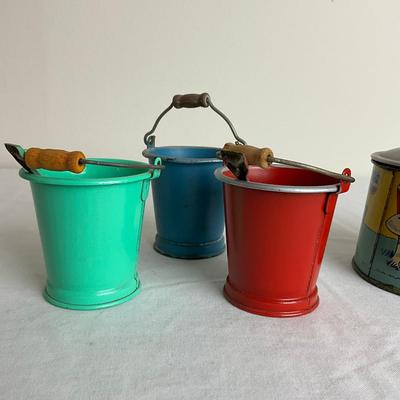 D927 J. Chein Toys, Small Mini Pails, Pencil Sharpener & Metal Lithograph