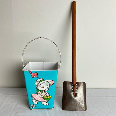 D932 J. Chein Square Sand Pail With Large Wooden & Metal Shovel